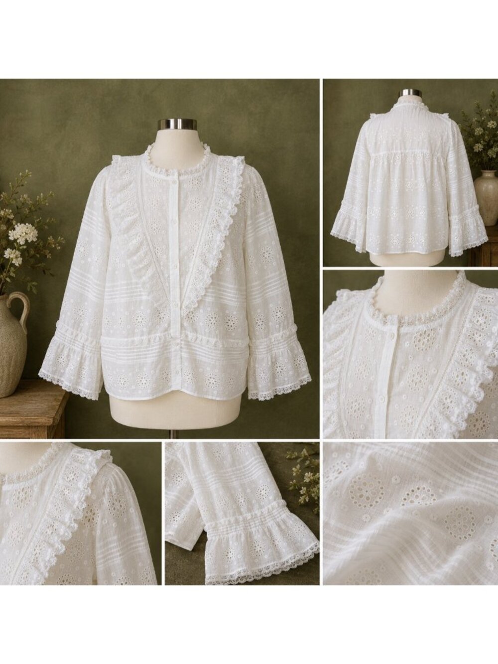 Sézane Nele Eyelet Embroidered Organic Cotton Blouse FR 46 NWOT Boho - Picture 8 of 15